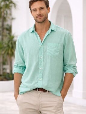 Frank & Eileen Luke Shirt L Aqua Button Down Coastal Oversized Fit on a Women